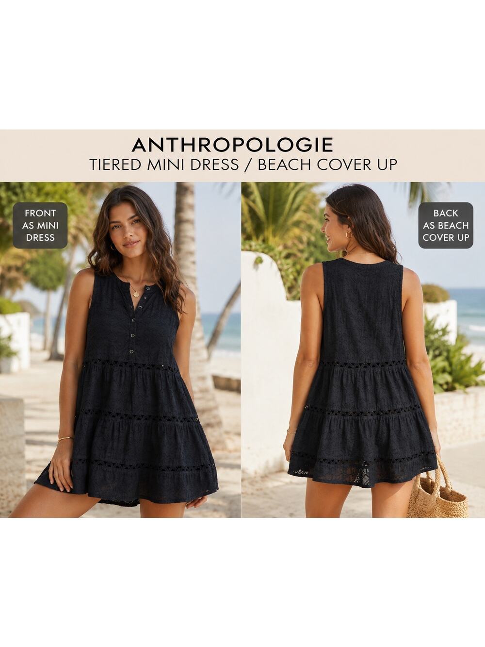 Anthropologie T Lauralynn Tiered Mini Dress Black Eyelet Boho Beach Cover Up XS